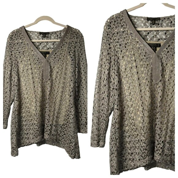 PICADILLY FASHIONS Silver Knit Sweater Top Womens M | Long Sleeve Swim Cover-Up - Picture 1 of 7